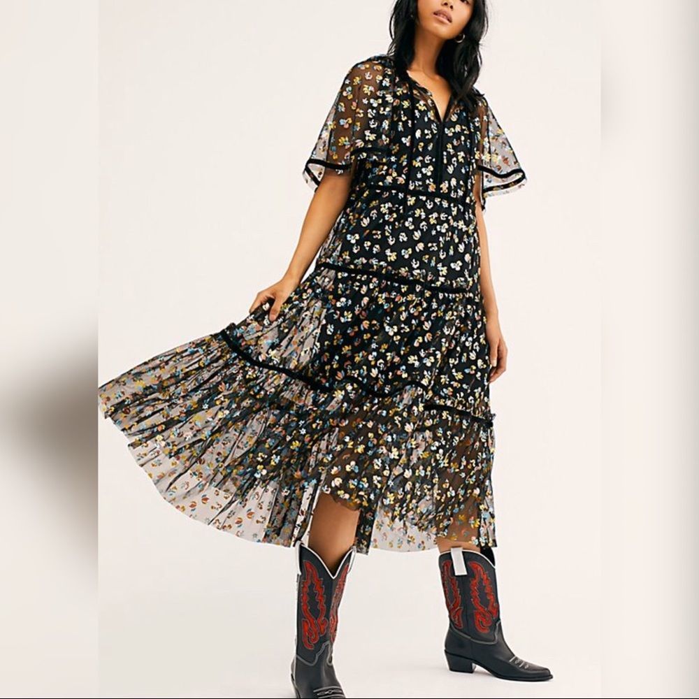Free People Practical Magic Midi Dress Black Mesh